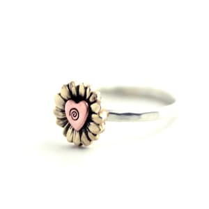 Yellow Sunflower Ring, Flower Ring, Sunflower Stack Ring, Heart Ring, Sterling Ring, Silver Ring, Yellow Sunflower Ring, Love Ring image 4