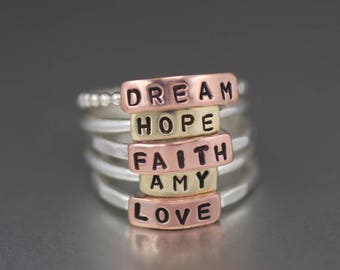 Custom Love Letters Ring, Personalized Ring, Hope Ring, Faith Ring, Stacking Ring, Copper Name Ring, Love Ring, Brass Ring, Sterling Silver