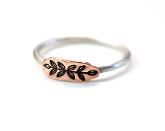 Copper Leaf Ring, Rose Vine Ring, Stacking Ring, Sterling Silver Band, Vine Ring, Womens Stack Ring, Mixed Metal, Wedding, Bridesmaid Ring