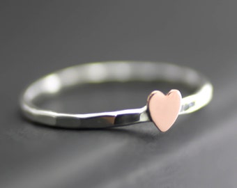 Tiny Heart Ring, Cupid Ring, Pink Heart, Copper Heart Stack Ring, Stack Ring, Sterling Silver, Midi Ring, Heart Ring, Custom Stack Ring