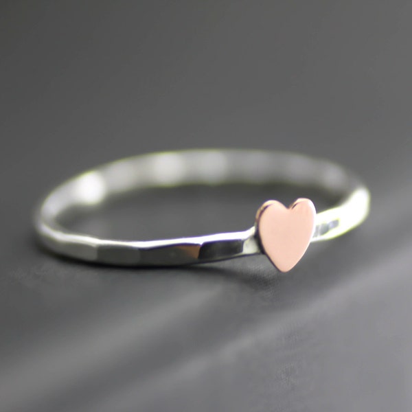 Tiny Heart Ring, Cupid Ring, Pink Heart, Copper Heart Stack Ring, Stack Ring, Sterling Silver, Midi Ring, Heart Ring, Custom Stack Ring