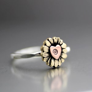 Yellow Sunflower Ring, Flower Ring, Sunflower Stack Ring, Heart Ring, Sterling Ring, Silver Ring, Yellow Sunflower Ring, Love Ring