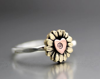 Yellow Sunflower Ring, Flower Ring, Sunflower Stack Ring, Heart Ring, Sterling Ring, Silver Ring, Yellow Sunflower Ring, Love Ring