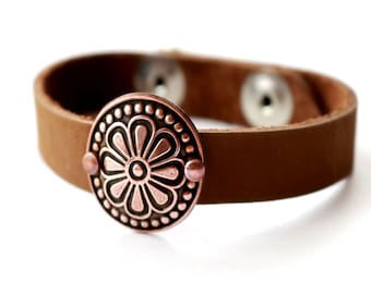 Copper Flower Leather Cuff, Copper Cuff Bracelet, Brown Leather Cuff Bracelet, Adjustable Bracelet, Womens Cuff, Flower Bracelet, Boho Cuff