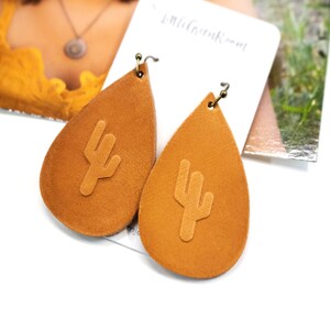 Cactus Earrings, Leather Earrings, Leather Teardrop Earrings, Southwestern Earrings, Cactus, Tan Leather Teardrops, Womens Dangle Earrings