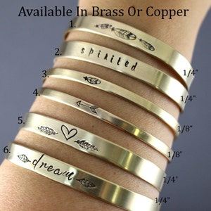 Personalized Cuff, Custom Brass Cuff, Copper Cuff, Choice Of 1, Customized Cuff, Womens Cuff, Heart Cuff, Arrow Cuff, Feather Cuff, Cuff image 2