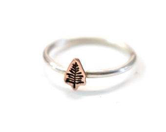 Little Copper Tree Ring, Pine Tree Ring, Copper Pine Tree, Womens Stack Ring, Sterling Silver, Sterling Band, Northwest Pine Ring, Copper