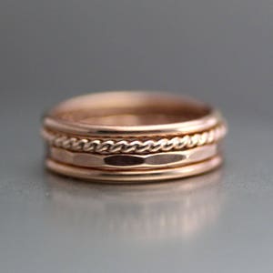 Twisted Rose Gold Stack Rings, Womens Set Of 4 Stacking Rings, Rose Gold Ring, Gold Band, Gold Filled, Wedding Ring, Hammered Band