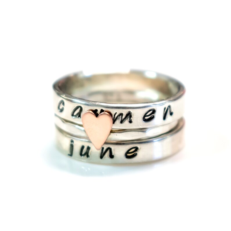 Wedding Bands Personalized Bands Personalized Ring Sterling Set Of 3 Copper Heart Ring Mothers Rings Name Rings Custom Name Ring