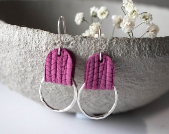 Magenta Pink Leather Hoop Earrings, Boho Hoops, Minimalist Hoops, Gift For Her, Sterling Silver, Silver Hoops, Hammered, Mom, Graduation