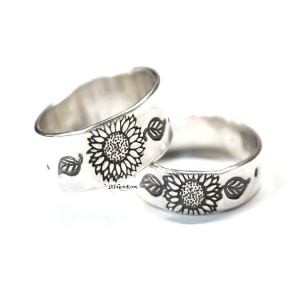 Wild Sunflower Ring, Sterling Flower Ring, Womens Band, Sterling Band, Silver Stack Band, Boho Flower Ring, Sterling Sunflower Ring, Mother