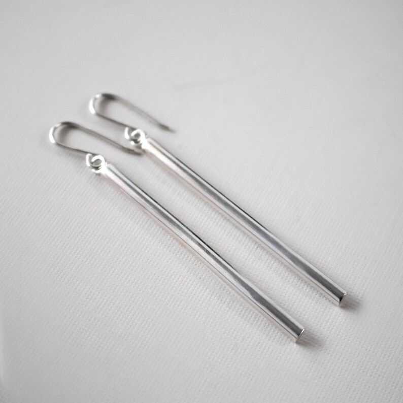 Modern Silver Bar Earrings. Sterling Silver, Minimalist Earrings, Gift For Her, Mothers Day, Drop Earrings, Womens Earring, 925 Sterling image 2