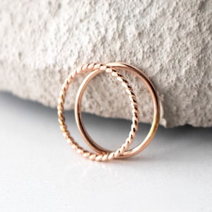 Two Gold Stacking Rings, Gold Bands, Rose Gold, Gold Ring, Twisted Band, Smooth Band, Gift, Anniversary Ring, Wedding Ring, Bridesmaid