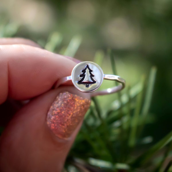 Little Green Pine Tree Ring, Green Pine Tree, Sterling Tree Ring, Silver Stacking Ring, Norfolk Pine Tree, Silver Ring, Hammered Band, Gift