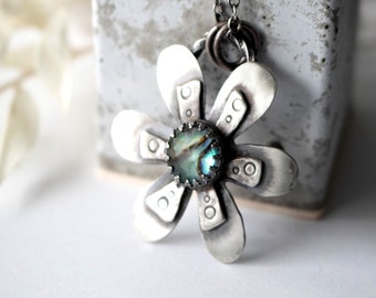 Faceted Abalone Flower Necklace, Flower Necklace, Faceted Stone, Boho Flower Necklace, Sterling Silver, Antiqued, Mothers Day, Graduation