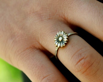 Sunflower Ring, Flower Stack Ring, Flower Ring, Silver Stack Ring, Sunflower Stack Ring, Boho Ring, Sterling Silver, Antiqued, Stack Ring