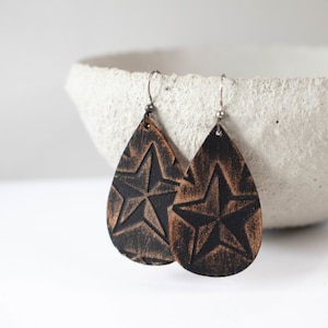 Black Star Earrings, Black Leather Earrings, Leather Teardrop, Western Earrings, Black Painted Leather, Star Earrings, Back To School, Gift
