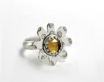 Gemstone Flower Ring, Citrine Ring, Boho Flower Ring, Sterling Band, Ready To Ship, Faceted Stone Ring, Yellow Flower Ring, Gift For Her