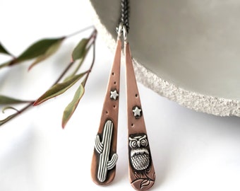 Cactus Necklace, Woodland Owl, Necklace, Arrow Necklace, Choice Of 1, Sterling Silver, Copper Pendant, Antiqued Chain, Graduation Gift