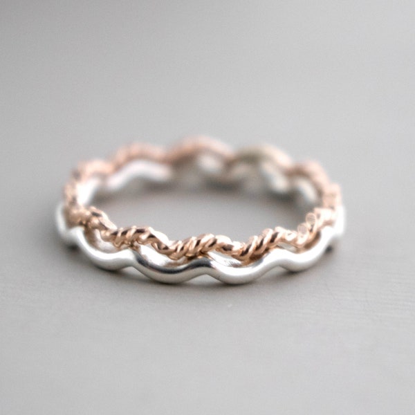 Rose Gold Wave Ring, Sterling Silver Stacking Ring, Twisted Rope Ring, Sterling Stack Ring, Wave Stacking Ring, Gift, Rose Gold Stack Band