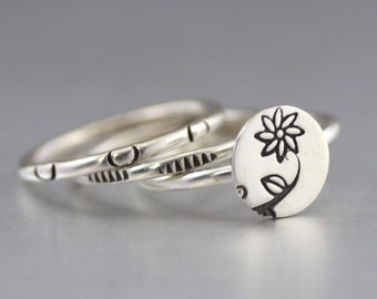 Woodland fleur anneaux, empiler les anneaux, anneaux en argent massif, lot de 3 anneaux, Boho fleur anneaux, anneaux botanique, bandes d’argent