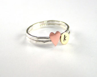 Mothers Ring, Custom Initial Ring, Heart Ring, Copper Heart Ring, Stack Rings,Personalized Ring, Sterling Stack Ring