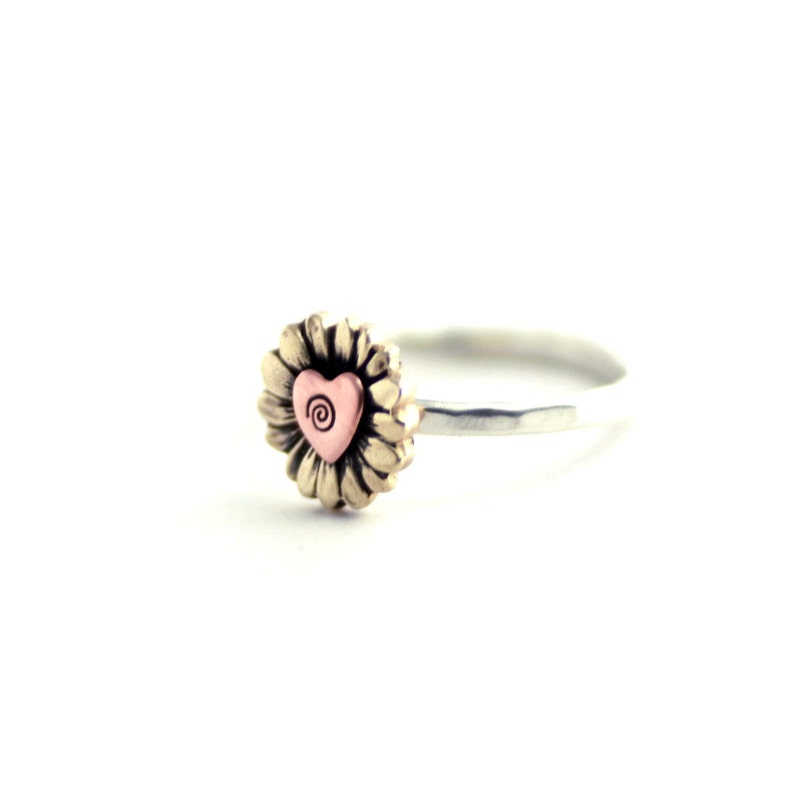 Yellow Sunflower Ring, Flower Ring, Sunflower Stack Ring, Heart Ring, Sterling Ring, Silver Ring, Yellow Sunflower Ring, Love Ring image 4