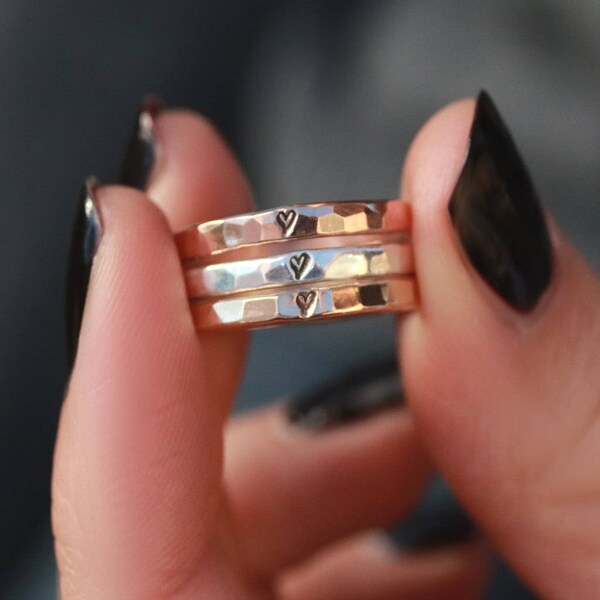 Rose Gold Heart Ring, Silver Heart Ring, Heart Band, Love Ring, Anniversary Band, Stack Band, Hammered Band, Wedding Ring, Bridesmaid Ring