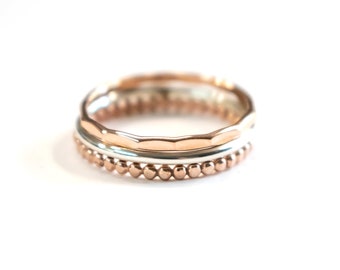 Rose Gold Ring, Hammered Ring, Stacking Rings, Sterling Band, Set Of 3 Rings, Wedding Band, Anniversary Ring, Womens Stack Ring, Mom