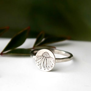 Engraved Flower Ring, Womens Stacking Ring, Custom Ring, Sterling Silver Ring, Echinacea Flower, Bridesmaid Ring, Mothers Ring
