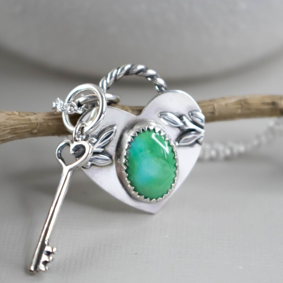 Heart Locket and Key Charm Necklace, Sonoran Gold Turquoise, Gemstone