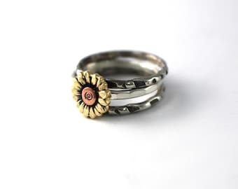 Sunflower Ring, Silver Ring, Stack Ring, Stack Band, Band, Silver Stack Ring, Flower Ring, Silver Stack Ring, Set Of 3