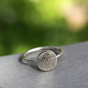 Flower Ring, Cone Flower Ring, Botanical Ring, Stacking Ring, Sterling Ring, Hammered Band, Womens Ring, Engraved Ring, Custom Ring