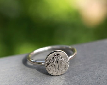 Flower Ring, Cone Flower Ring, Botanical Ring, Stacking Ring, Sterling Ring, Hammered Band, Womens Ring, Engraved Ring, Custom Ring