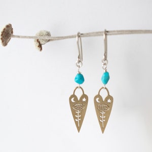 Turquoise Heart Earrings, Gold Heart, Gemstone Earrings, Sterling Silver, Gift For Her, Valentines Day, Love, Dangle Earrings, Boho Earrings