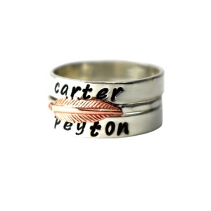 Feather Ring, Mothers Rings, Stack Bands, Custom Name Rings, Personalized Name Ring, Wedding Bands, Copper Feather Ring, Sterling Ring