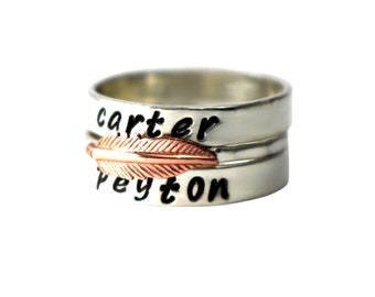 Feather Ring, Mothers Rings, Stack Bands, Custom Name Rings, Personalized Name Ring, Wedding Bands, Copper Feather Ring, Sterling Ring