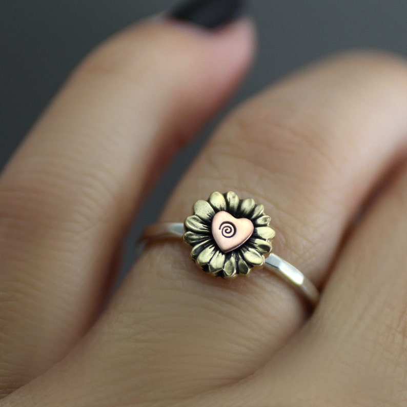 Yellow Sunflower Ring, Flower Ring, Sunflower Stack Ring, Heart Ring, Sterling Ring, Silver Ring, Yellow Sunflower Ring, Love Ring image 2