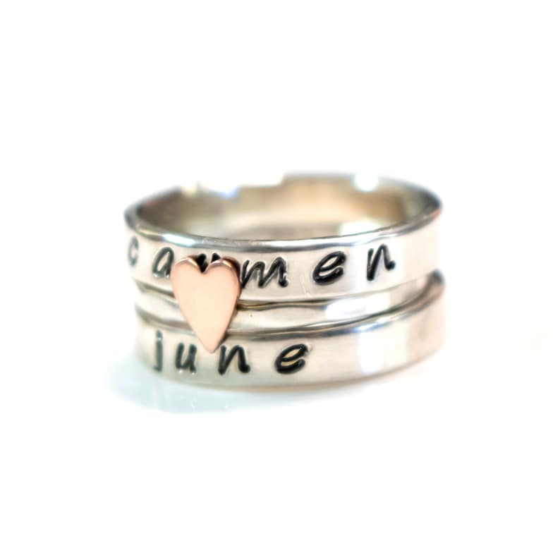 Wedding Bands Personalized Bands Personalized Ring Sterling Set Of 3 Copper Heart Ring Mothers Rings Name Rings Custom Name Ring