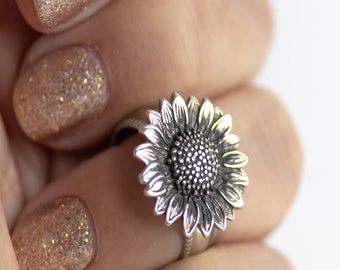 Sterling Silver Sunflower Ring, Boho Flower Ring, Boho Ring, Statement Ring, Silver Sunflower, Mom, Gift For Her, Anniversary Ring