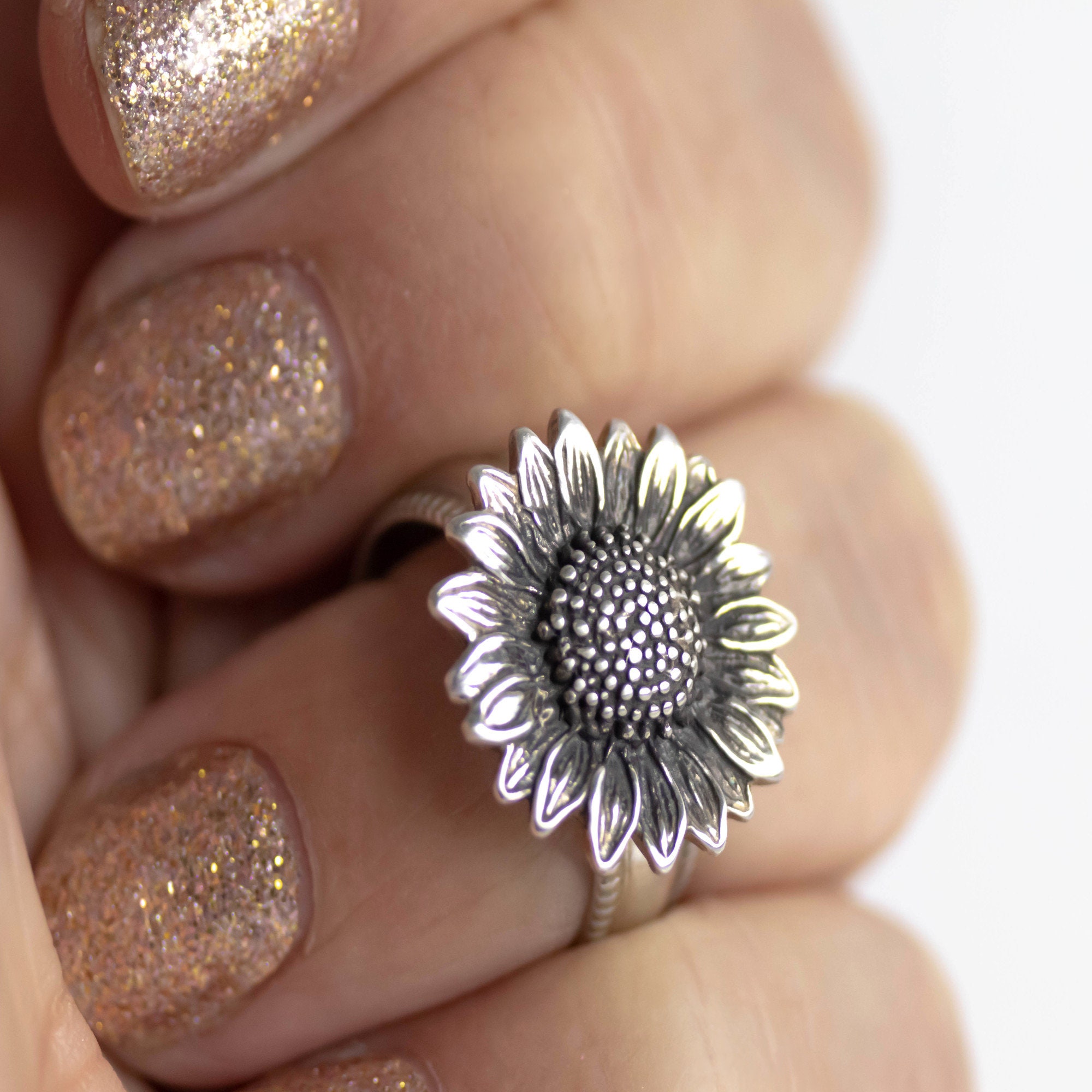 Sterling Silver Sunflower Ring, Boho Flower Ring, Boho Ring, Statement Ring, Silver Sunflower, Mom, Gift For Her, Anniversary Ring
