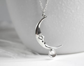 Crescent Moon Necklace, Faceted White Topaz Necklace, Sterling Silver Moon, Sterling Chain, Man In The Moon, Gift For Her, Gemstone Necklace