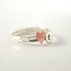 Custom Initial Ring, Copper Heart Ring, Sterling Silver Ring, Personalized Initial Ring Set Of 2
