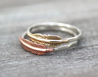 Feather Stack Ring, Boho Feather Ring, Sterling Ring, Sterling Silver, Copper Feather Ring, Feather Ring, Boho Ring, Hipster Ring