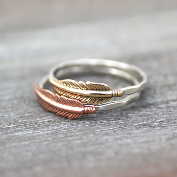 Feather Stack Ring, Boho Feather Ring, Sterling Ring, Sterling Silver, Copper Feather Ring, Feather Ring, Boho Ring, Hipster Ring