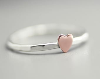 Copper Heart Stack Ring, Stack Ring, Sterling Silver Stack Band Ring, Heart Ring, Custom Stack Band, Gift For Her, Graduation, Love Ring