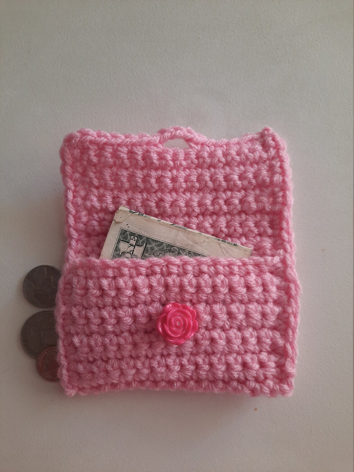 Crochet Coin Purse Money Holder Pink with RoseButton | Etsy