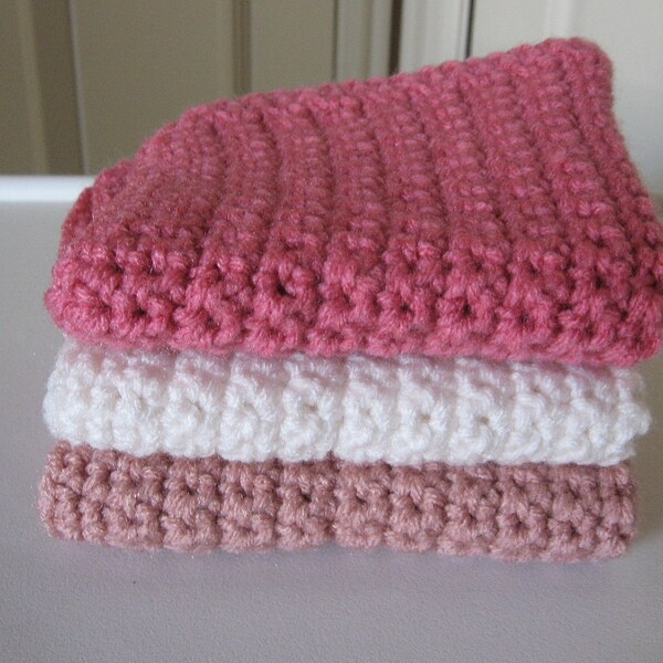 Pink and White Crochet Wash Cloths Set of Three.