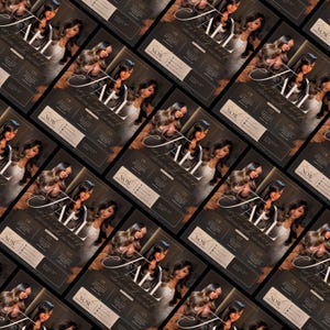 May include: A promotional flyer featuring a photograph of a person with long wavy hair, titled Fall into my loop. The design includes sections labeled 01, 02, and 03, a Book Now button, and contact information on a dark brown and beige background.