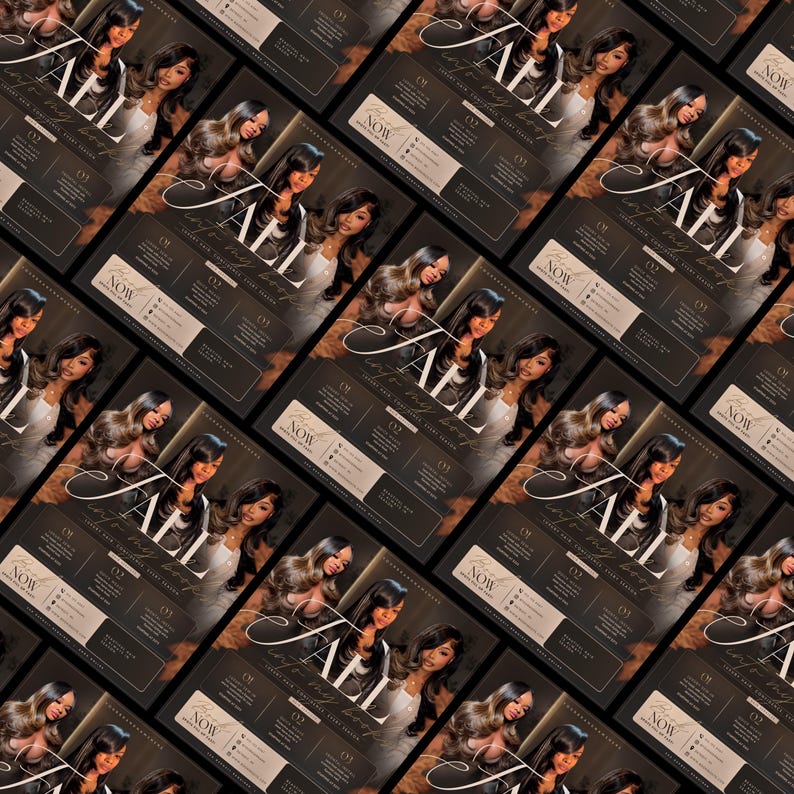 May include: A promotional flyer featuring a photograph of a person with long wavy hair, titled Fall into my loop. The design includes sections labeled 01, 02, and 03, a Book Now button, and contact information on a dark brown and beige background.